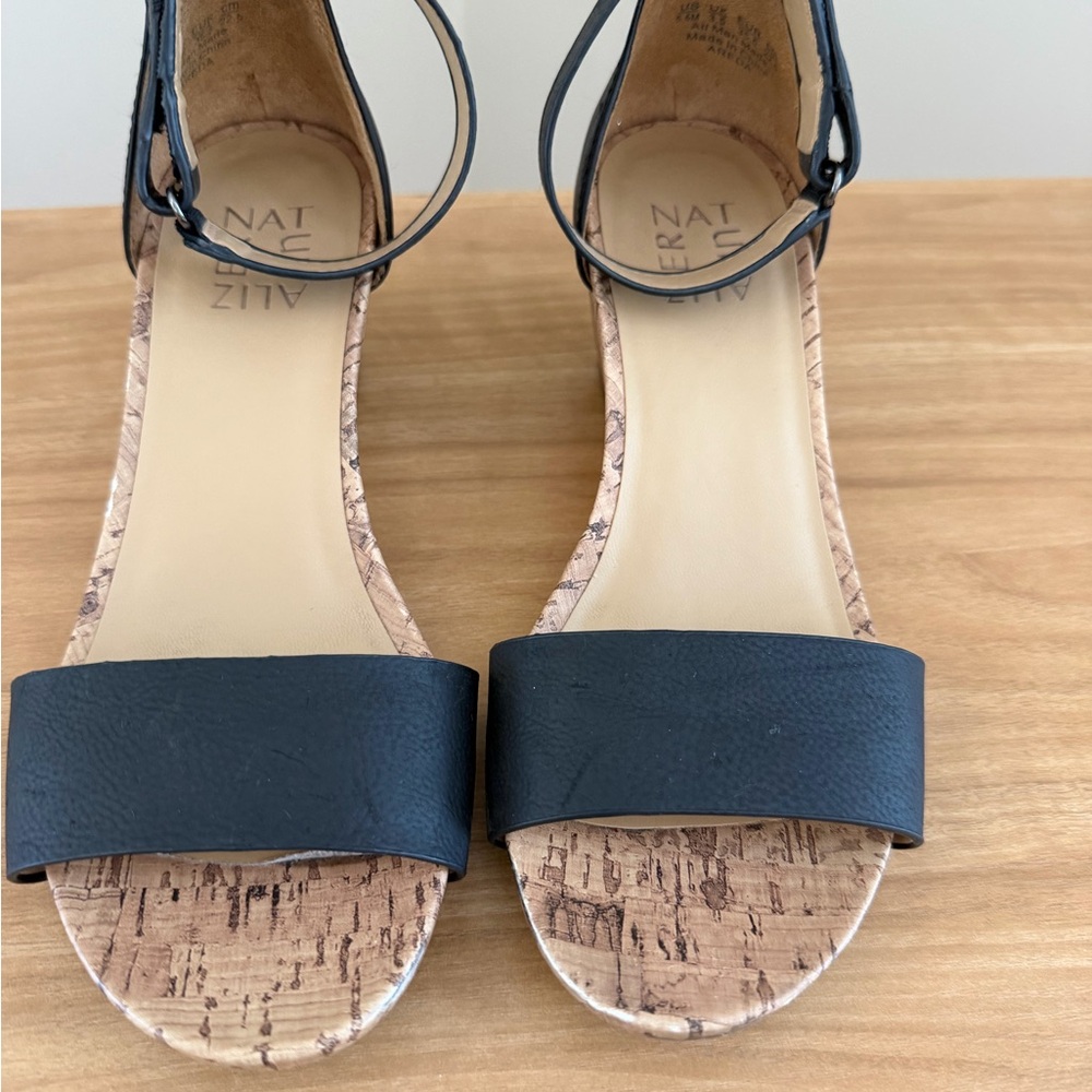 Naturalizer Black Open-Toe Cork-Trim Ankle-Strap Sandals